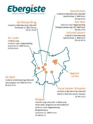 Deze afbeelding bevat een eenvoudig kaartje van Oost-Vlaanderen. Op dit kaartje staan de verschillende campussen van Ebergiste aangeduid met hun adres en telefoonnummer.